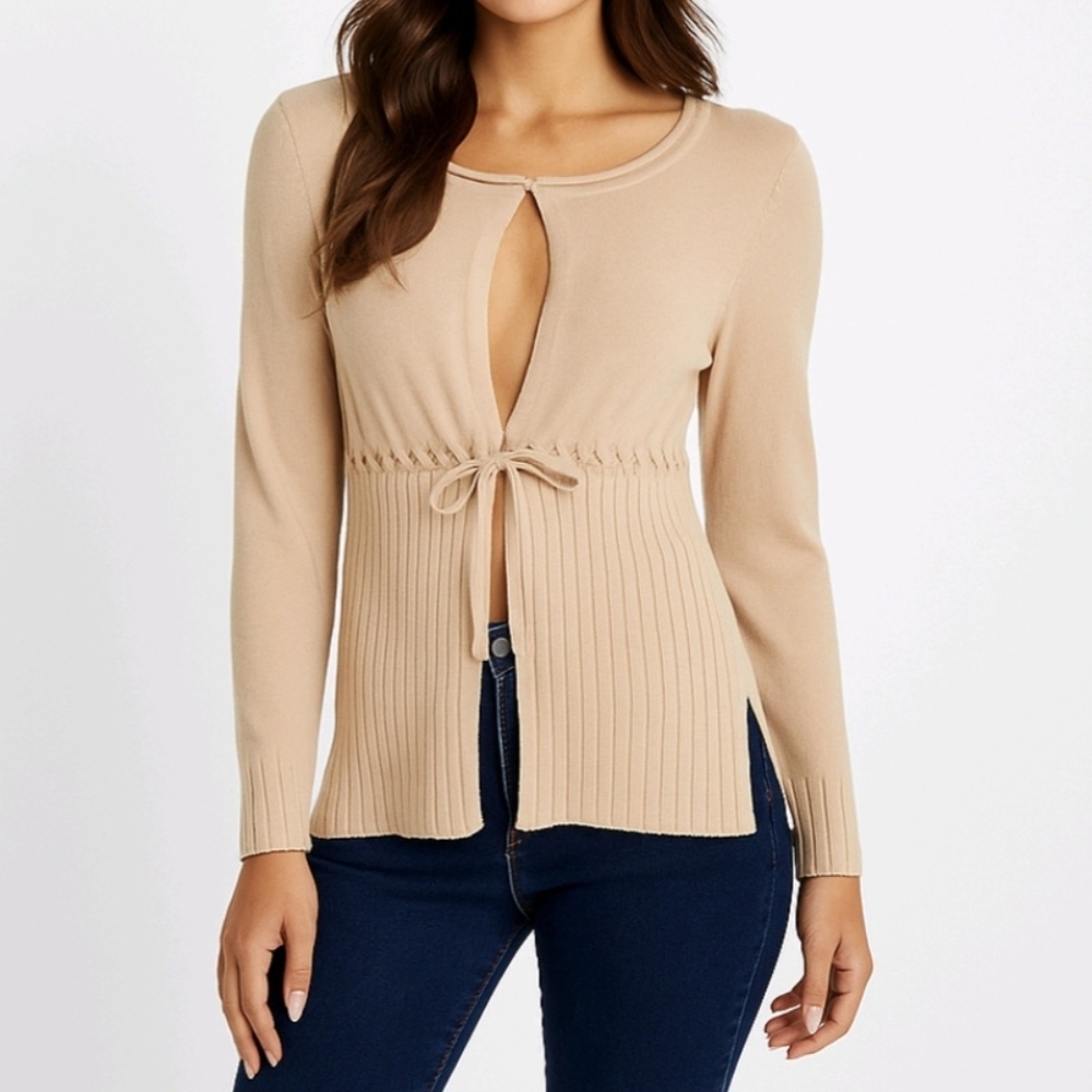 Willi Smith Sweater Tan Knit Cardigan Ribbon Tie Front Long Sleeve Size …